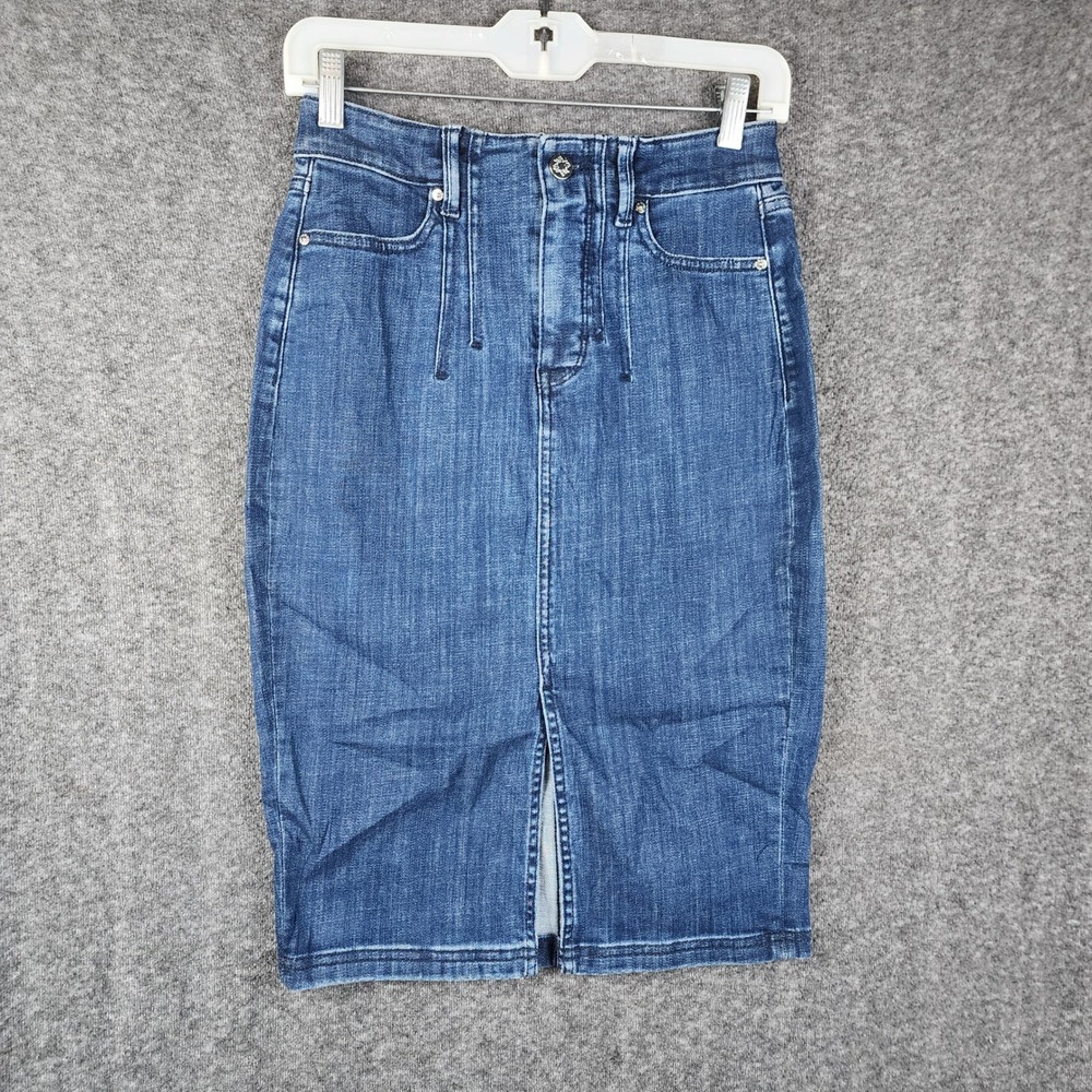 White‎ House Black Market Denim Skirt Women Size 0 High Rise Pencil Front Slit